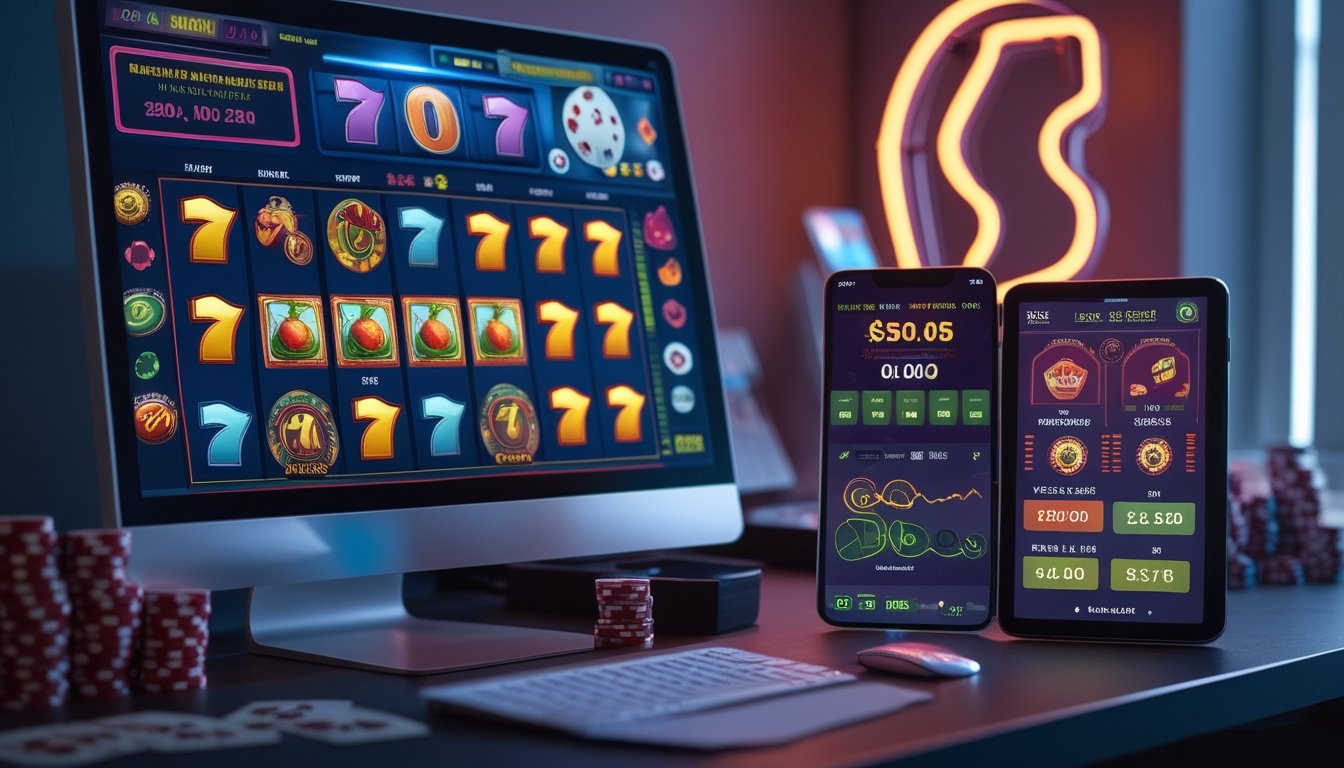 Seseorang duduk di depan komputer dan ponsel yang menampilkan permainan slot online dengan grafik warna-warni dan statistik RTP secara real time.