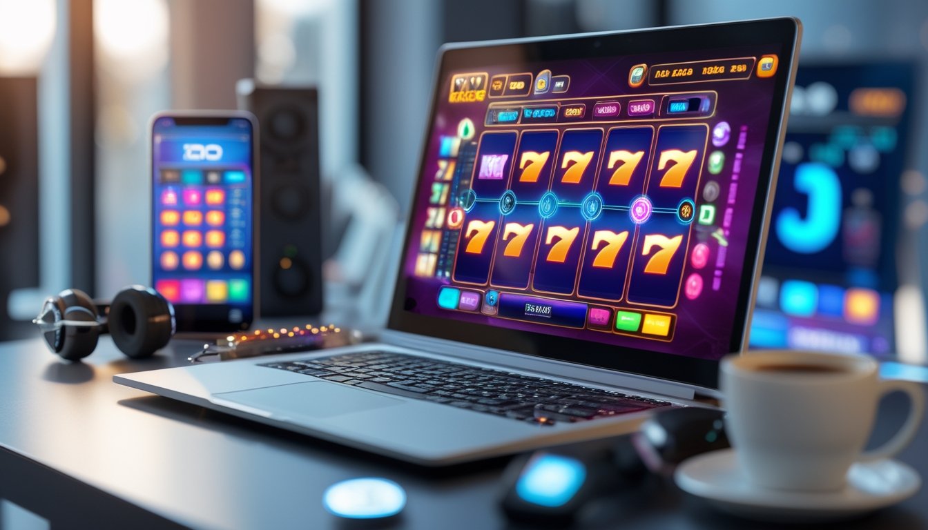 Seorang pengguna sedang bermain permainan slot online di layar komputer dengan simbol warna-warni dan suasana yang cerah di meja kerja.