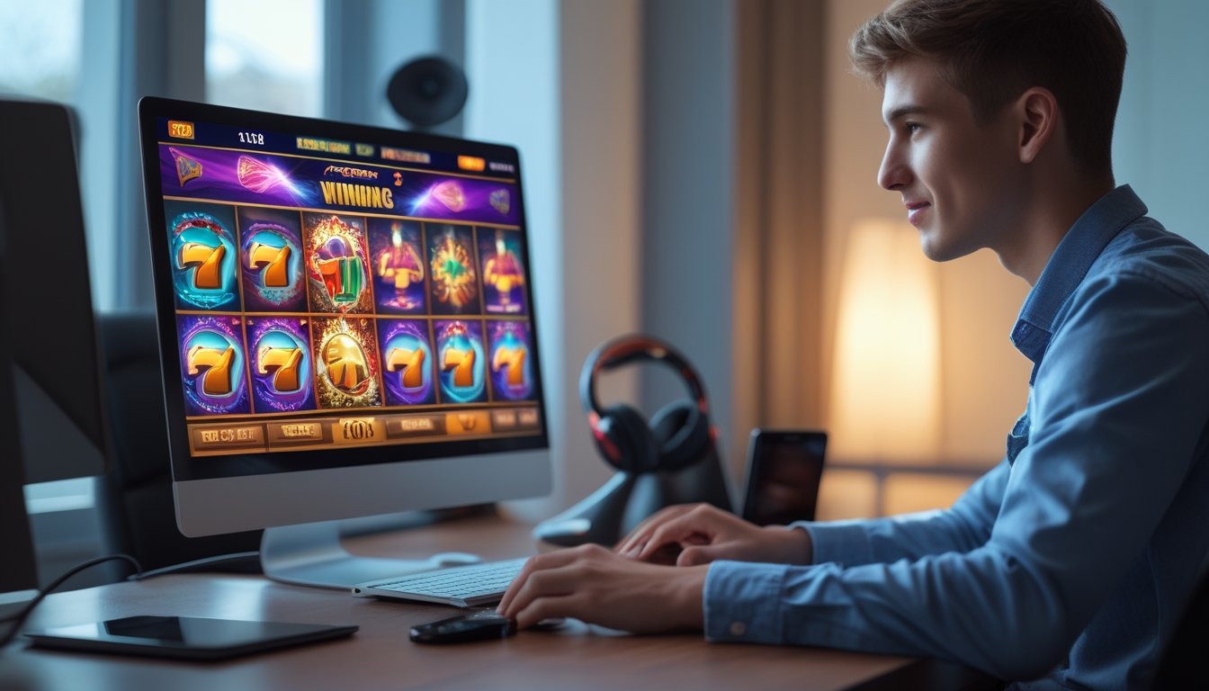 Seorang pria muda duduk di meja dengan laptop yang menampilkan permainan slot online, tampak fokus dan puas.