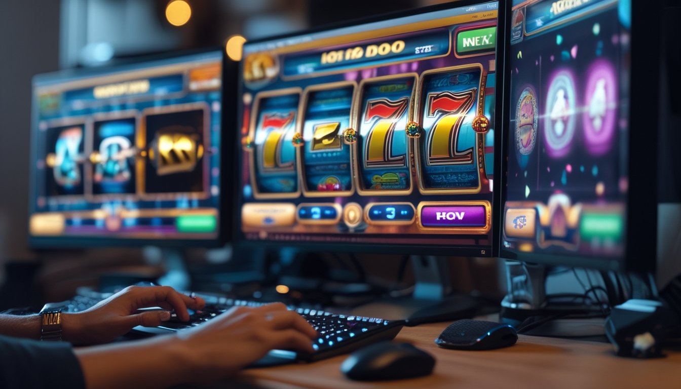 Seseorang sedang bermain permainan slot online di komputer dengan beberapa layar menampilkan permainan slot yang berwarna-warni.