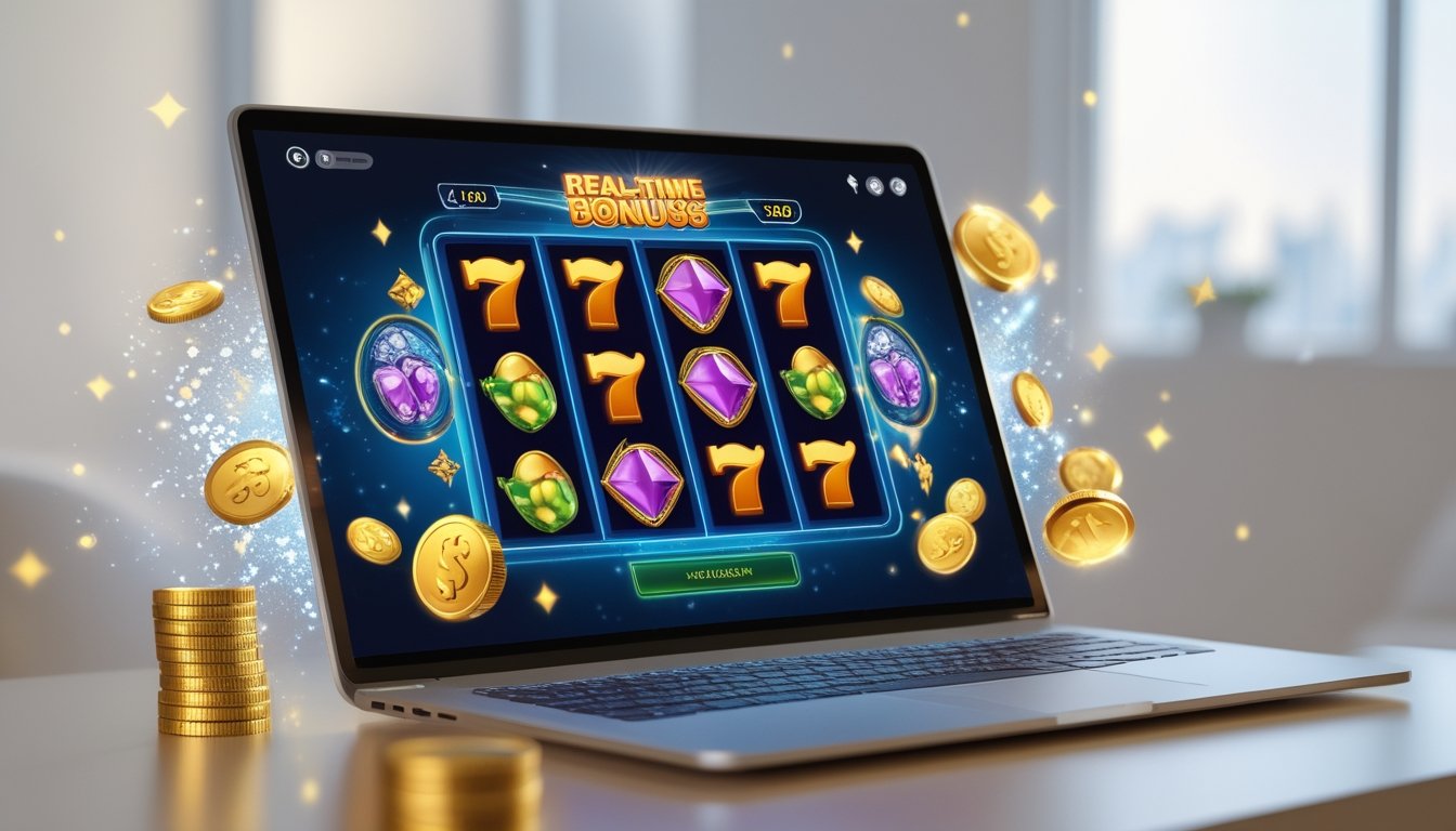 Seorang pengguna bermain game slot online di laptop dengan latar belakang ruangan yang nyaman dan pencahayaan lembut.