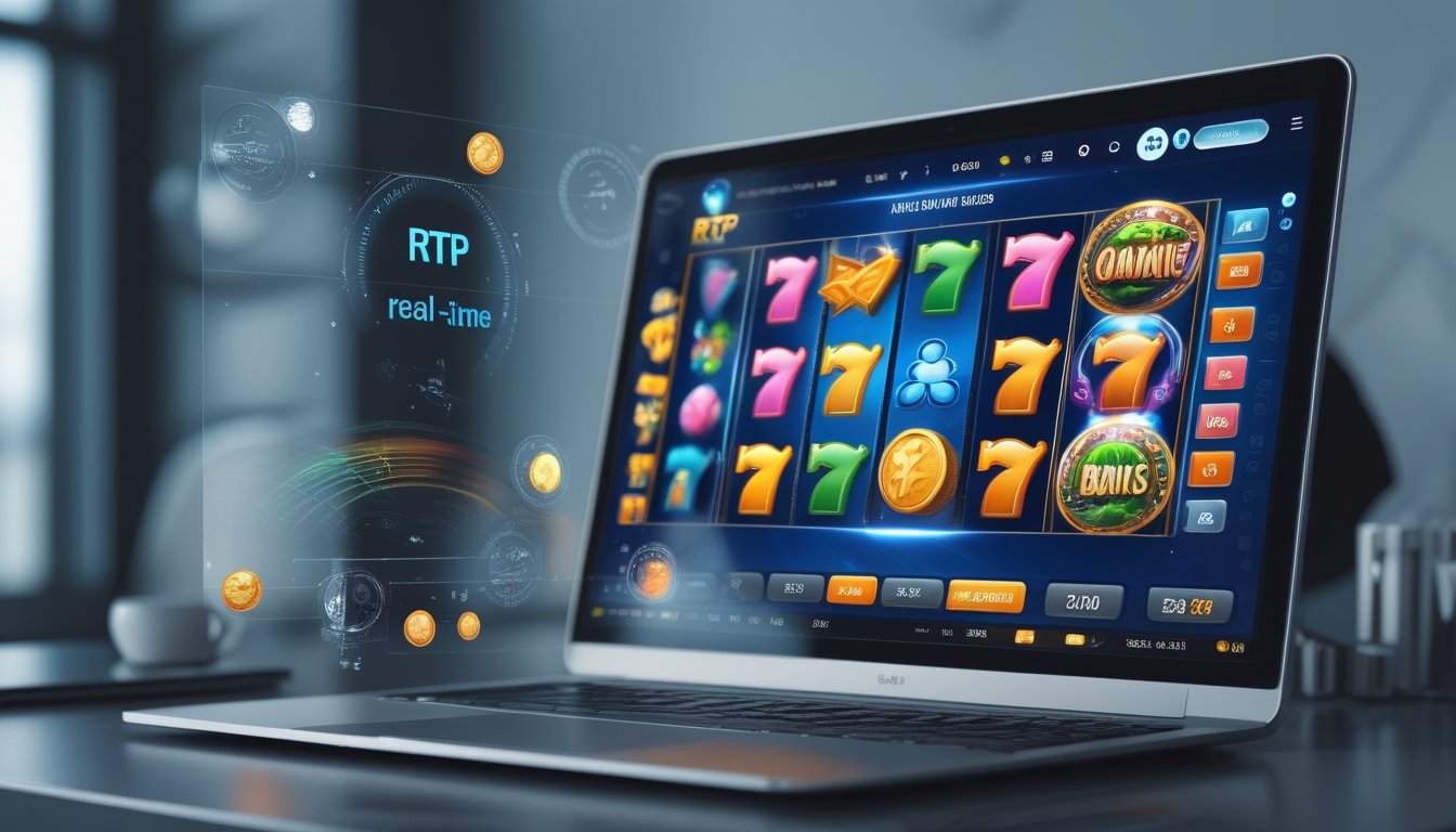 Seorang pengguna sedang bermain permainan slot online dengan layar komputer menampilkan gulungan slot berwarna-warni dan statistik RTP waktu nyata di sekitarnya.