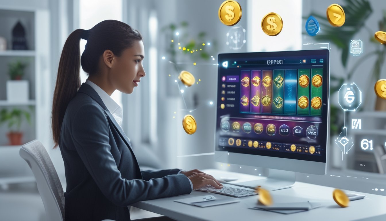 Seorang wanita duduk di depan laptop dengan layar menampilkan permainan slot online, dikelilingi oleh simbol kemenangan dan grafik RTP.