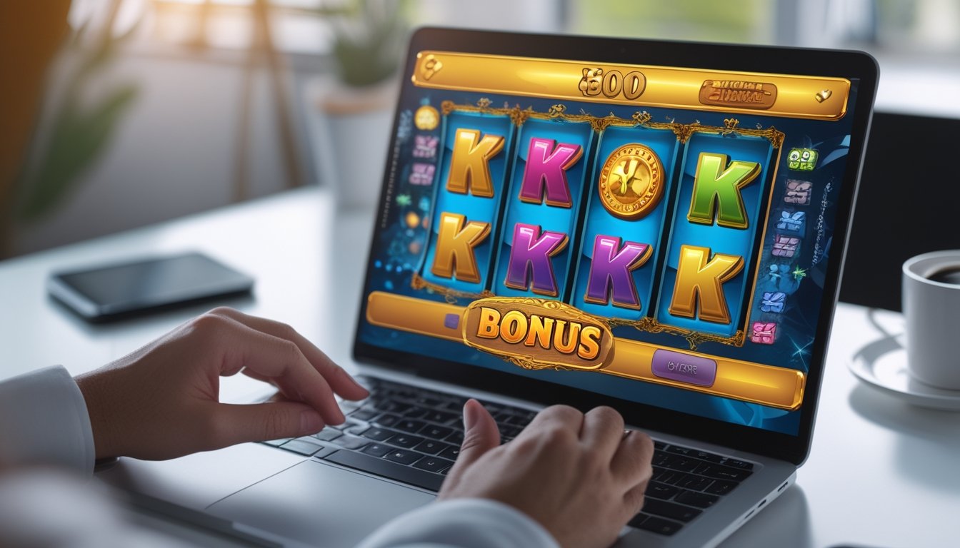 Seseorang menggunakan komputer dengan permainan slot online di layar, tangan sedang berinteraksi dengan perangkat di ruang kerja yang rapi.