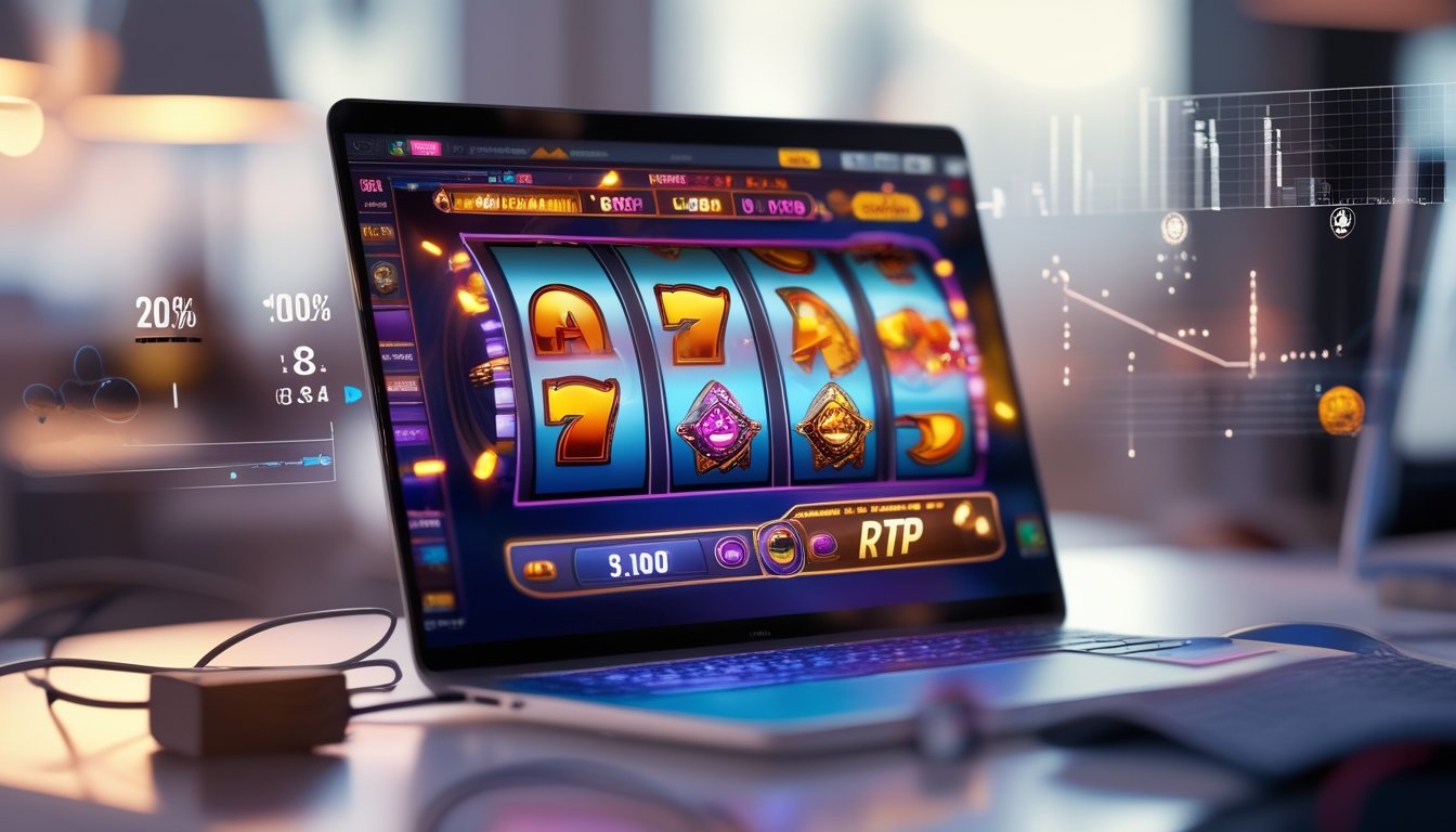 Seorang pengguna komputer dengan layar menampilkan permainan slot online berwarna-warni dan grafik data mengambang di sekitar layar.
