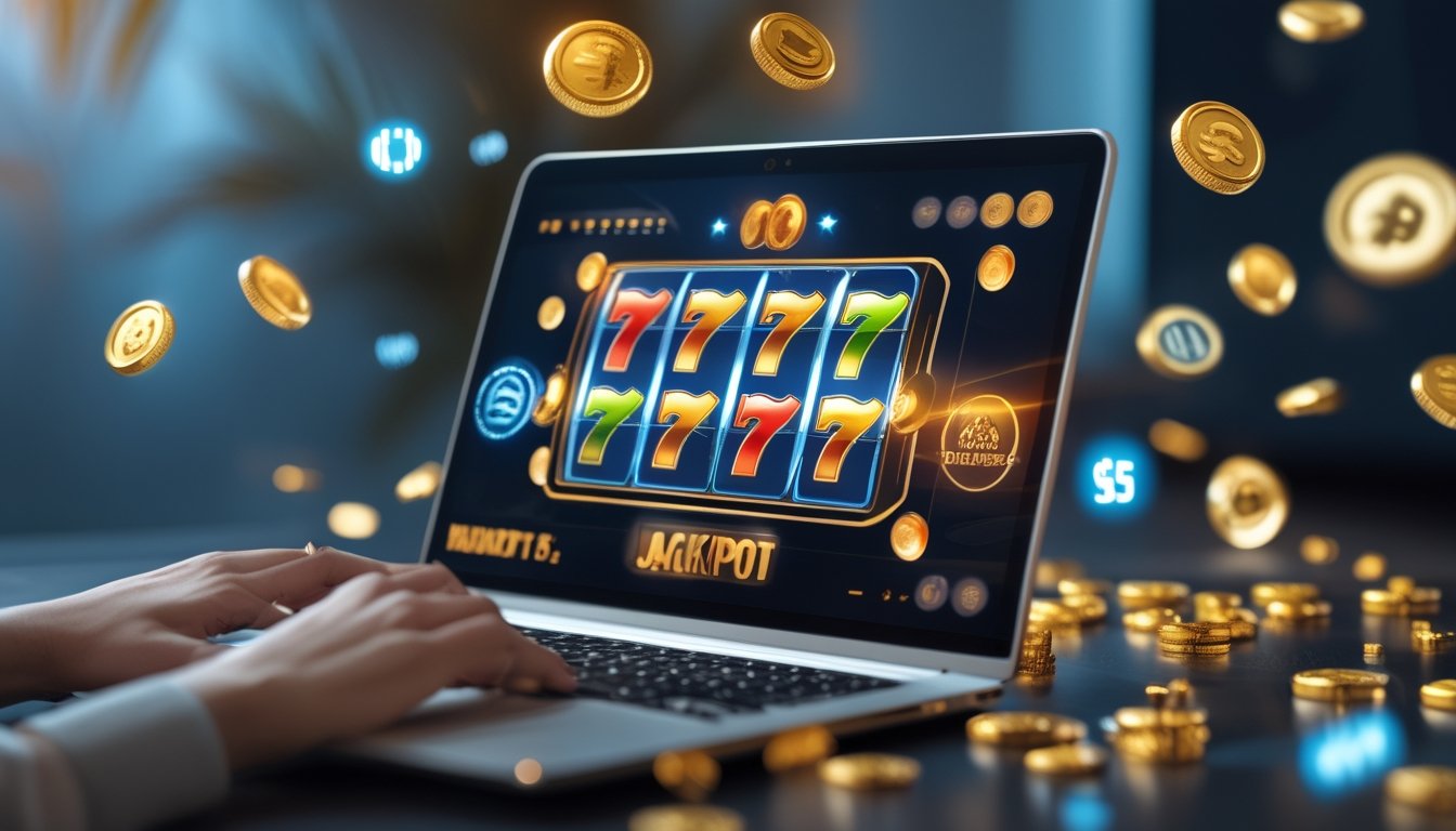 Seorang pemain sedang menggunakan komputer dengan layar menampilkan mesin slot online yang berwarna-warni dan grafik statistik RTP real time di sekitarnya.