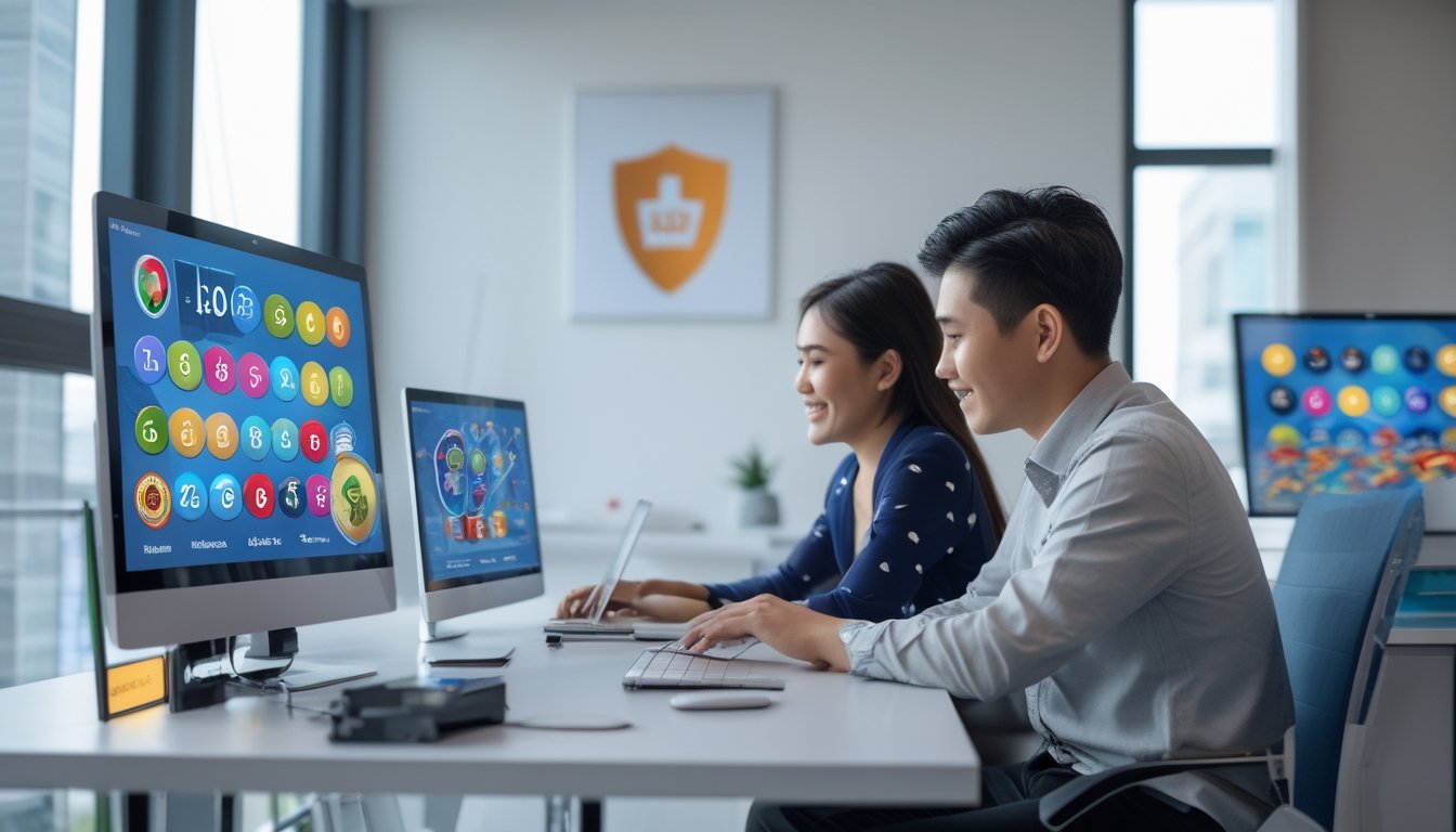 Dua orang muda di kantor modern sedang menggunakan perangkat digital untuk bermain togel online dengan suasana terang dan profesional.