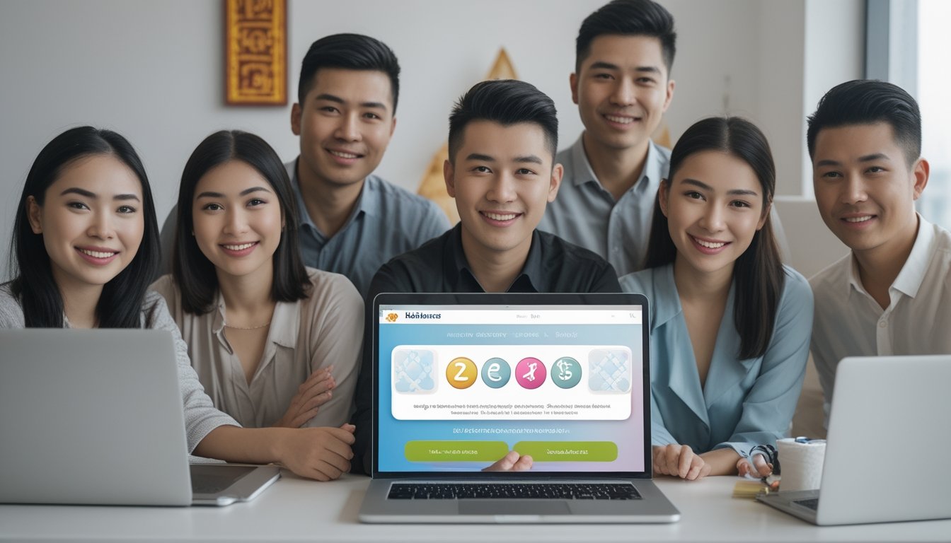 Sekelompok orang muda sedang menggunakan laptop bersama di ruang kerja modern, menunjukkan suasana kepercayaan dan profesionalisme dalam konteks permainan togel online.