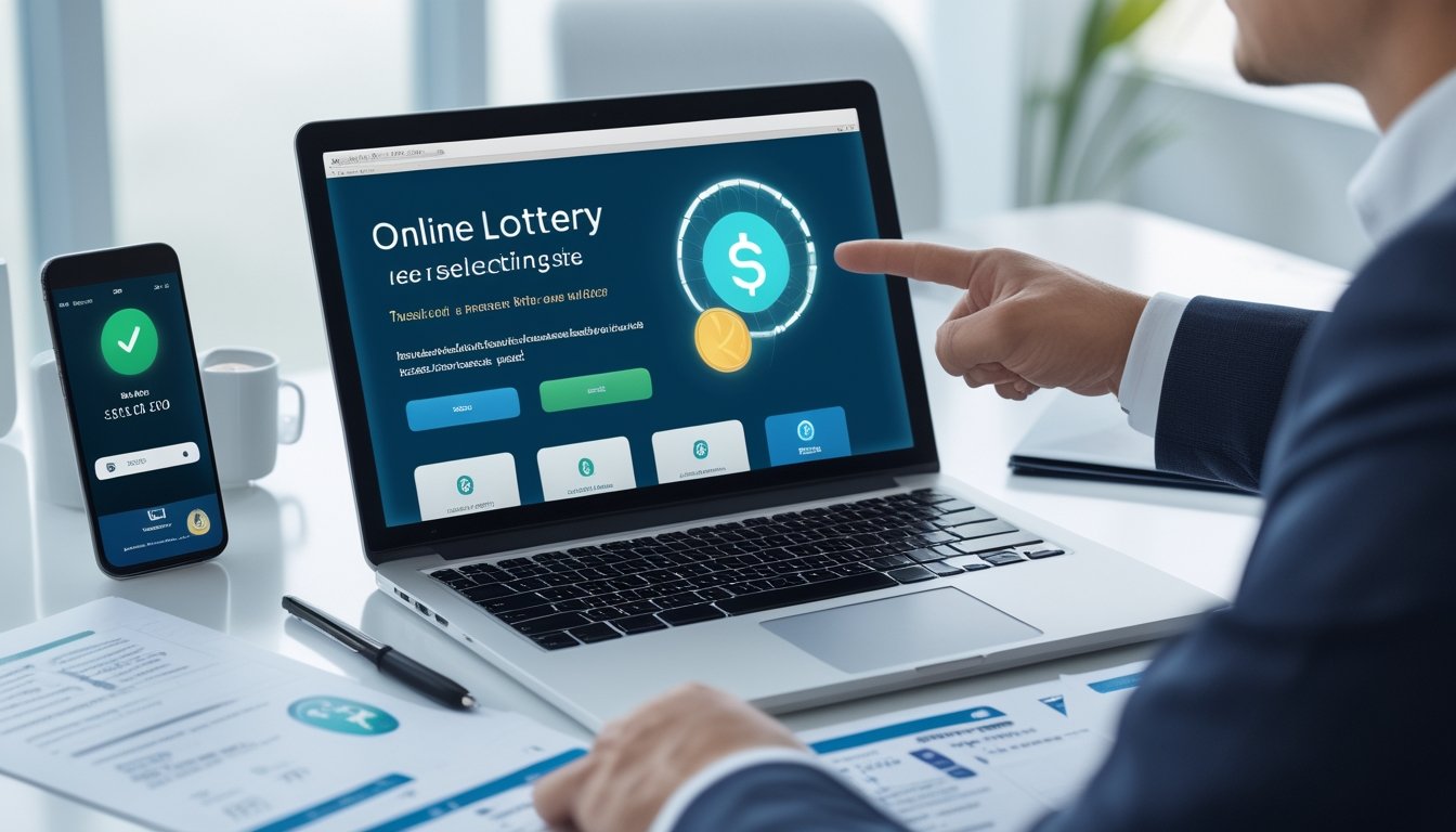 Seorang profesional di ruang kerja modern menunjuk layar laptop yang menampilkan situs togel online terpercaya dengan dokumen dan ponsel di meja.