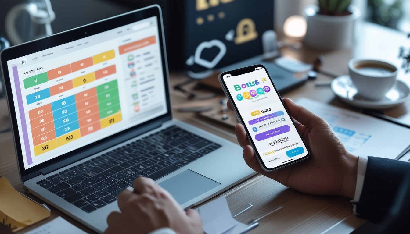 Meja kerja modern dengan laptop dan ponsel yang menampilkan aplikasi togel online, tangan seseorang sedang menggunakan perangkat tersebut.