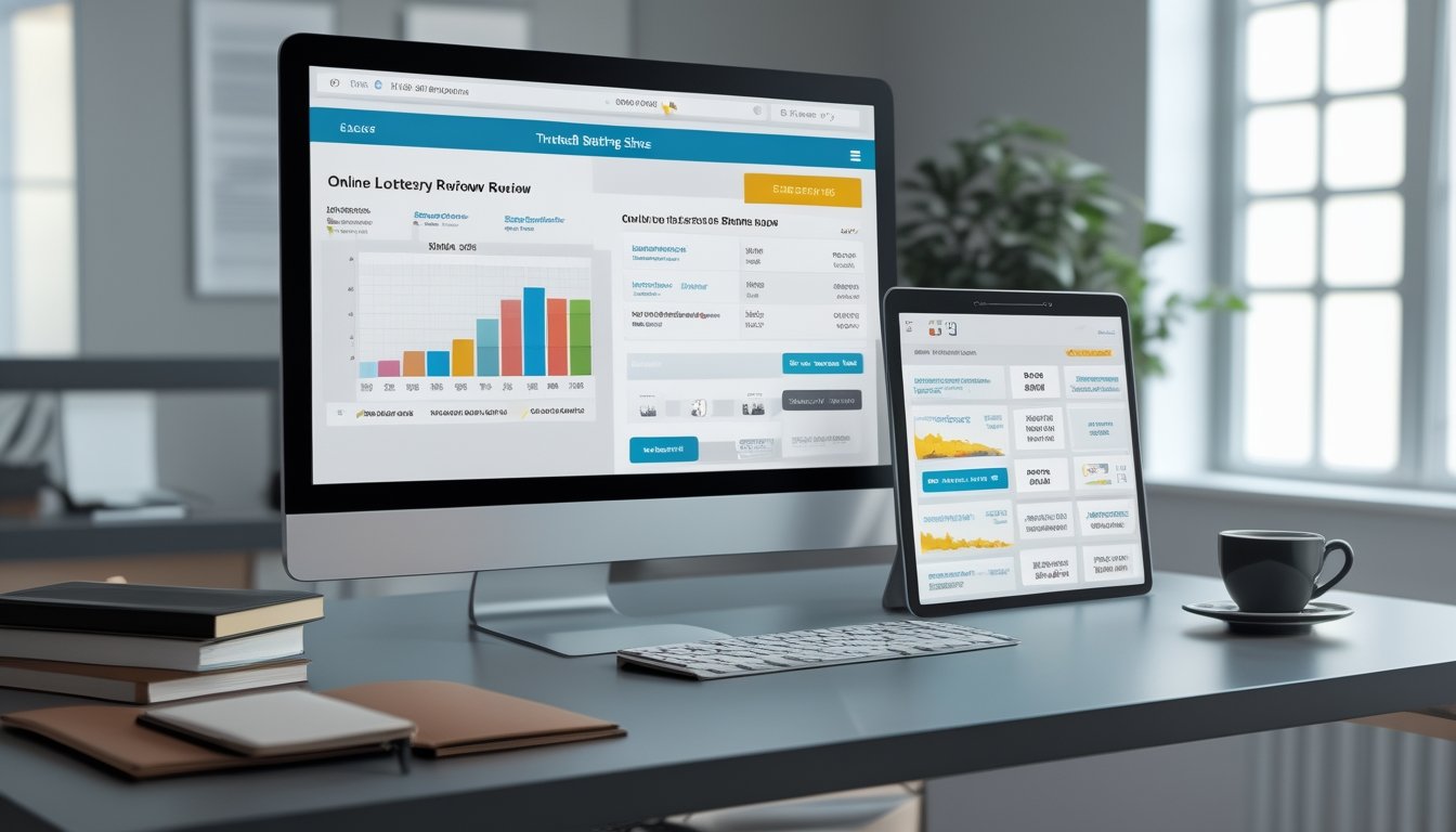 Meja kerja modern dengan komputer menampilkan grafik dan aplikasi terkait situs togel online, dikelilingi oleh buku catatan dan ponsel, dengan pencahayaan alami dan suasana profesional.