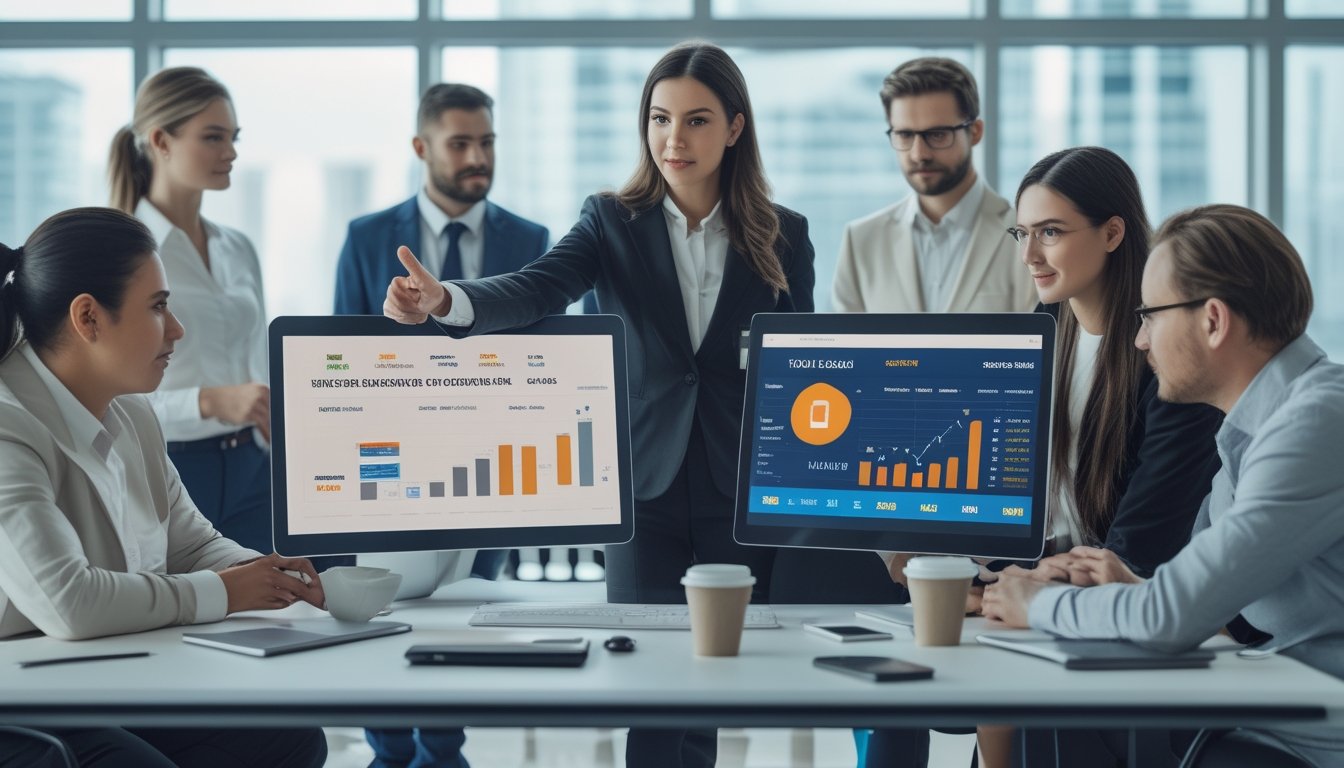 Sekelompok profesional sedang berdiskusi dan menganalisis data di kantor modern dengan layar komputer yang menampilkan grafik dan angka terkait situs togel online.