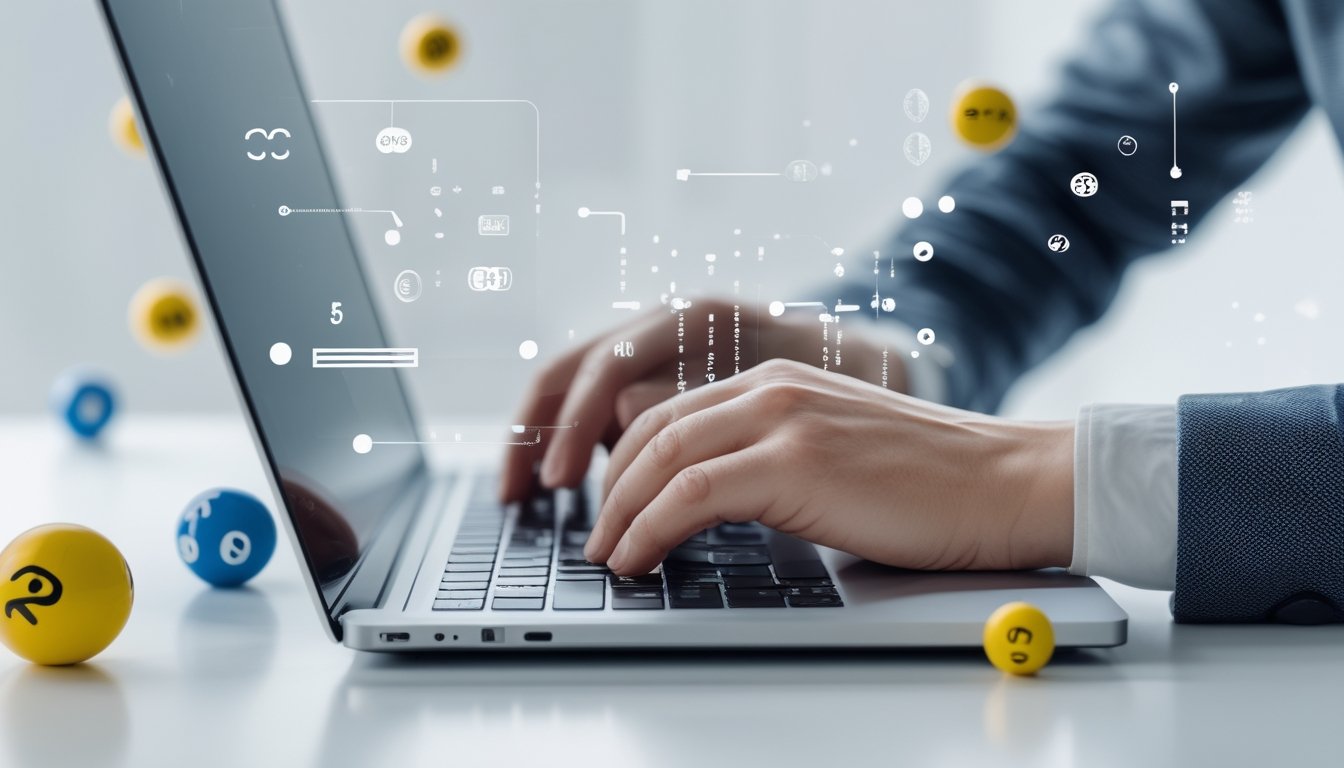 Tangan seseorang menggunakan laptop di atas meja dengan latar belakang yang bersih dan elemen digital yang menggambarkan aktivitas togel online terpercaya.