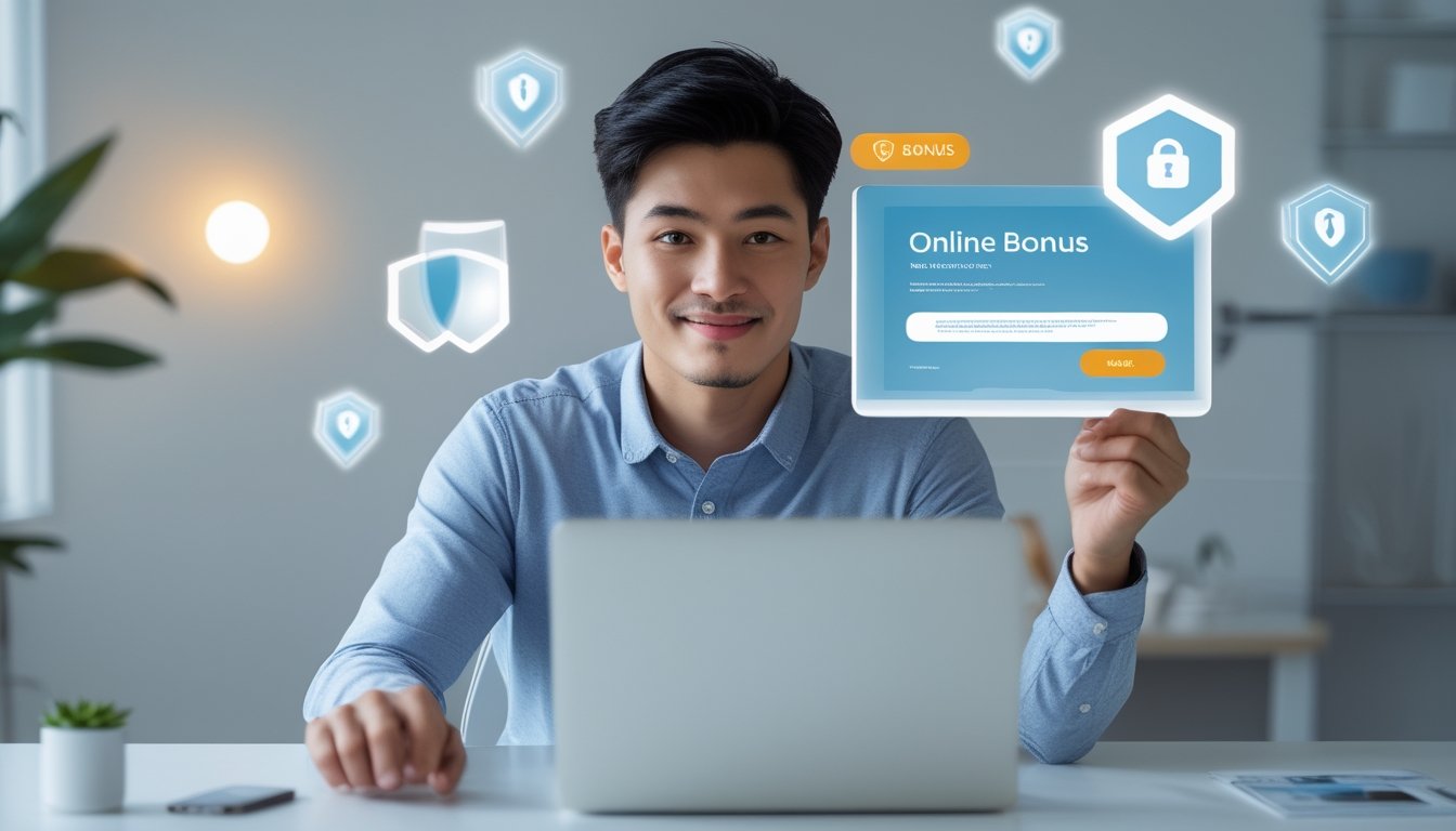Seseorang duduk di depan laptop di meja kerja modern, terlihat fokus dan percaya diri menggunakan situs togel online yang terpercaya dengan suasana yang terang dan rapi.