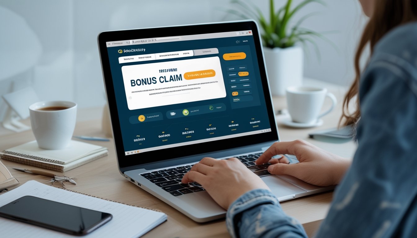 Seseorang menggunakan laptop di meja kerja modern dengan tampilan situs togel online yang menampilkan bagian klaim bonus.