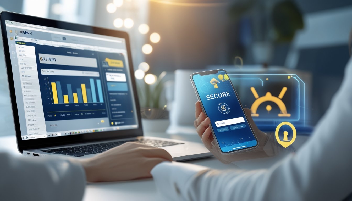 Seseorang menggunakan laptop dan ponsel di meja kerja yang rapi dengan tampilan antarmuka situs togel online yang aman dan terpercaya.