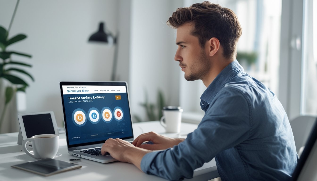 Seorang pria muda duduk di meja kerja dengan laptop, fokus menggunakan platform togel online yang aman di ruangan terang.