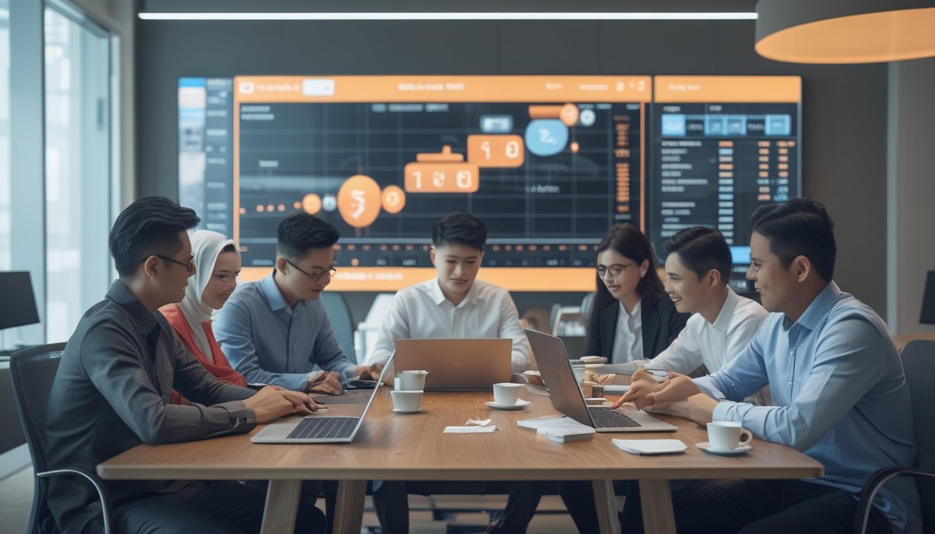 Sekelompok orang muda di kantor modern sedang berdiskusi dengan perangkat digital tentang permainan togel online.