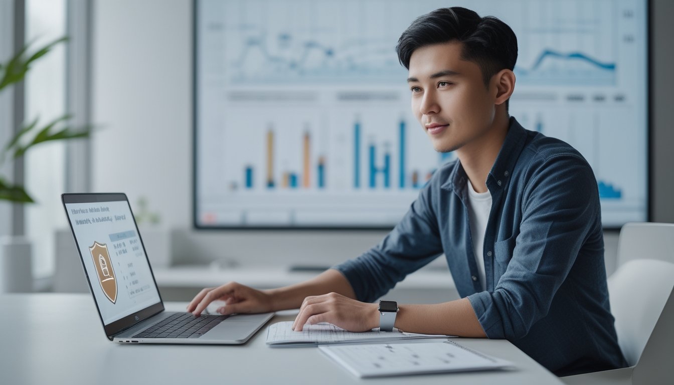 Seorang pria muda di depan laptop di meja kerja modern sedang menganalisis data terkait pemilihan bandar togel online terpercaya.