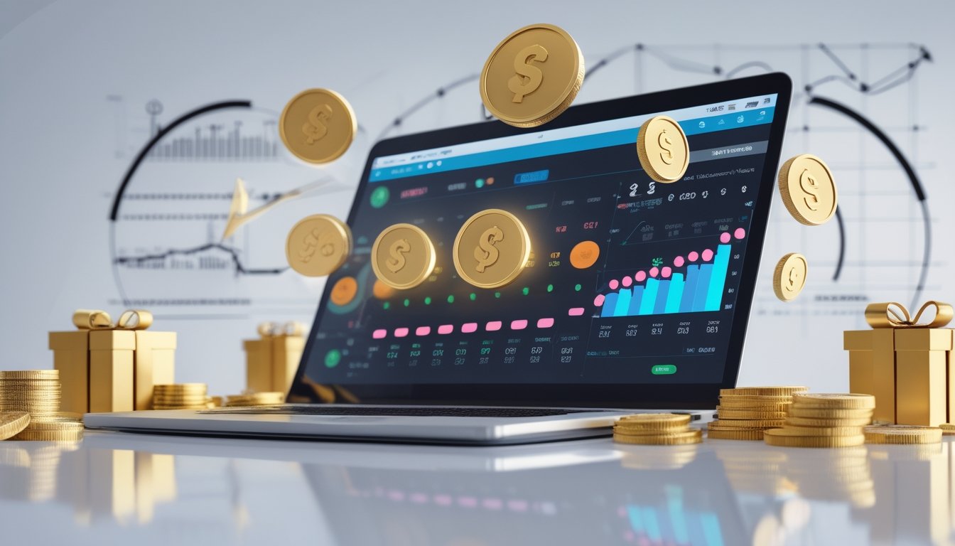 Sebuah laptop atau ponsel pintar menampilkan antarmuka angka dan grafik lotre online dengan koin emas dan kotak hadiah di sekitarnya.