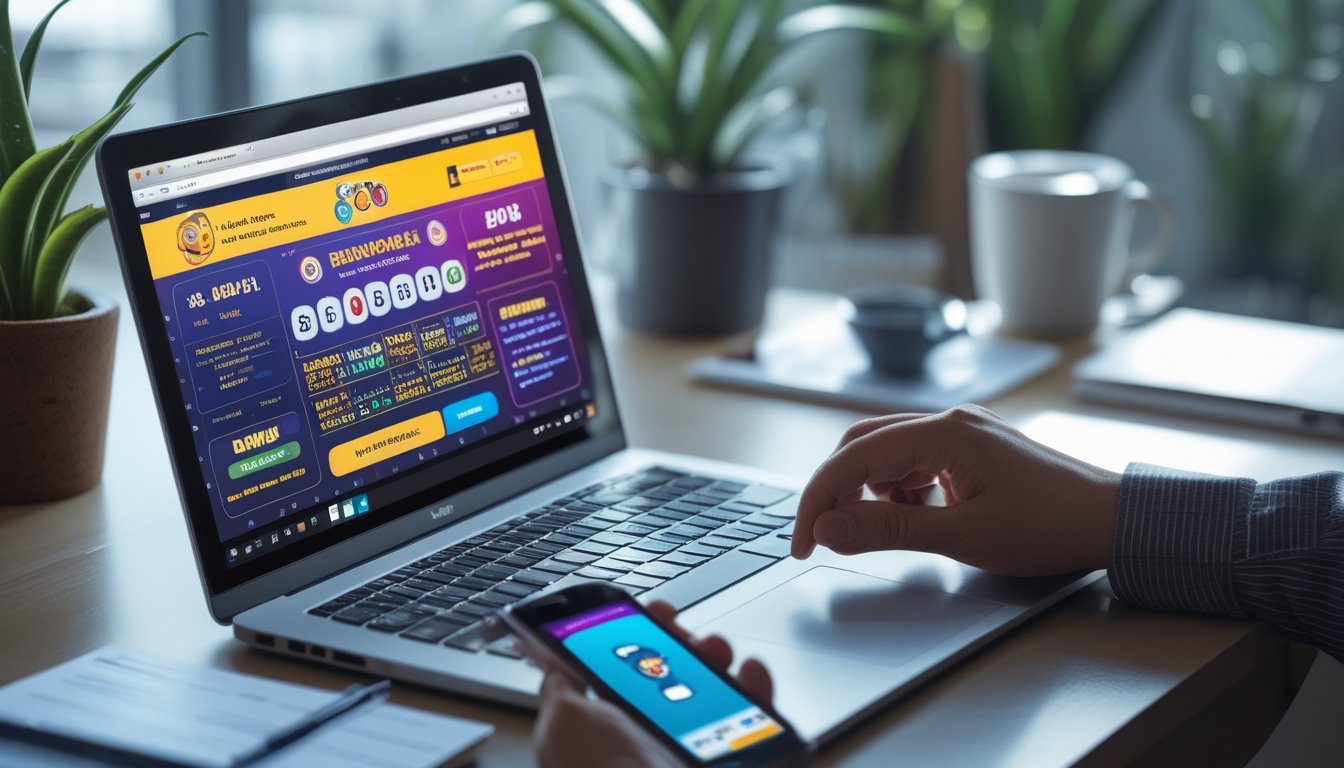 Meja kerja modern dengan laptop dan ponsel yang menampilkan antarmuka permainan togel online, tangan seseorang sedang menggunakan laptop.