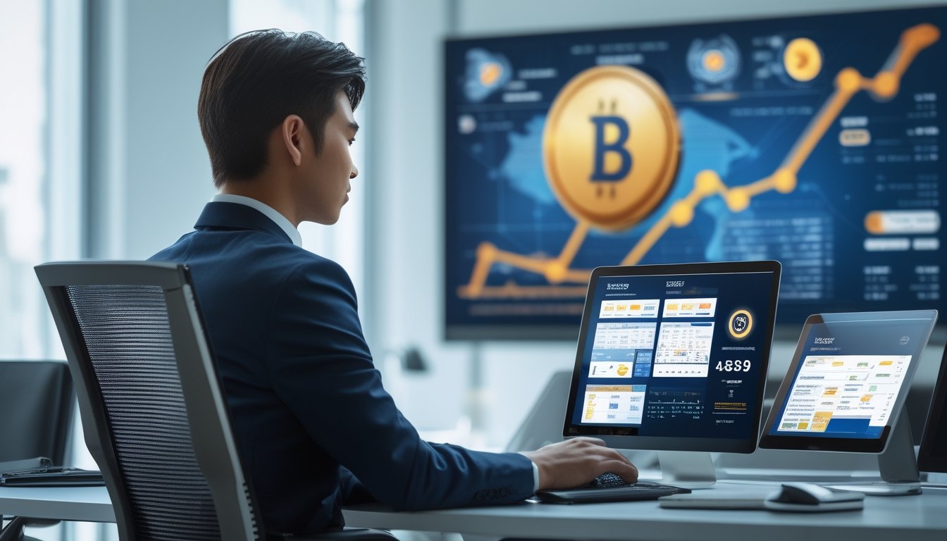 Seorang profesional duduk di meja kerja dengan laptop dan tablet menampilkan data terkait togel online, di ruang kantor modern yang terang dan rapi.