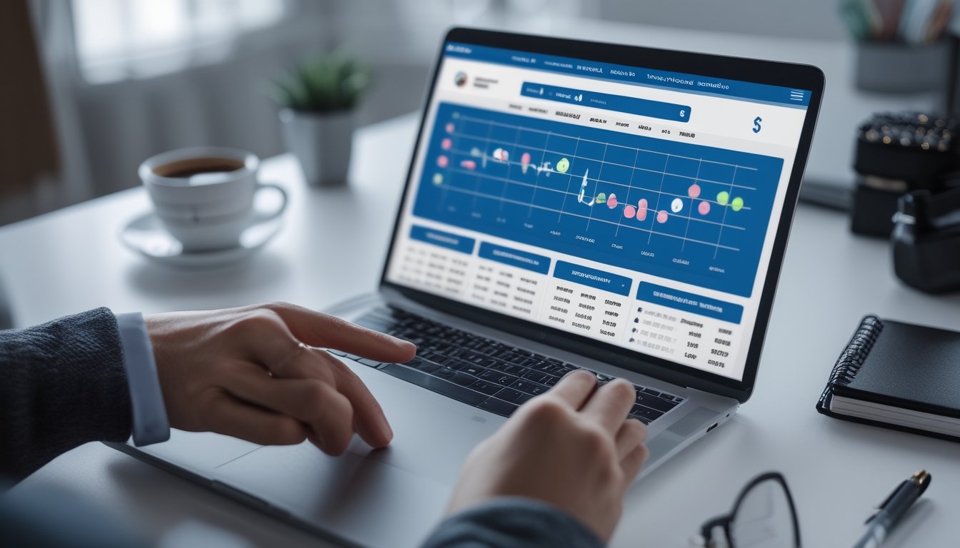 Seseorang menggunakan laptop di meja kerja dengan layar menampilkan antarmuka situs togel online, dikelilingi oleh smartphone, cangkir kopi, dan buku catatan.