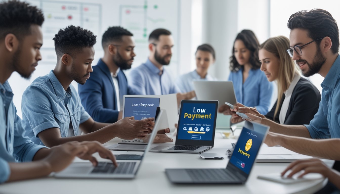 Beberapa orang menggunakan perangkat digital di kantor modern yang terang, menunjukkan interaksi dengan platform lotre online yang terpercaya.