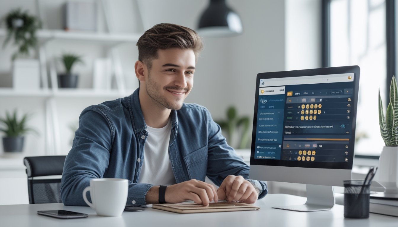 Seorang pria muda duduk di meja kantor modern sambil melihat layar laptop dengan antarmuka situs togel online dan suasana ruang kerja yang rapi.