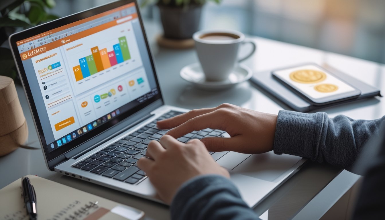 Seseorang menggunakan laptop dan smartphone di meja kerja modern untuk mengakses situs togel online terpercaya.