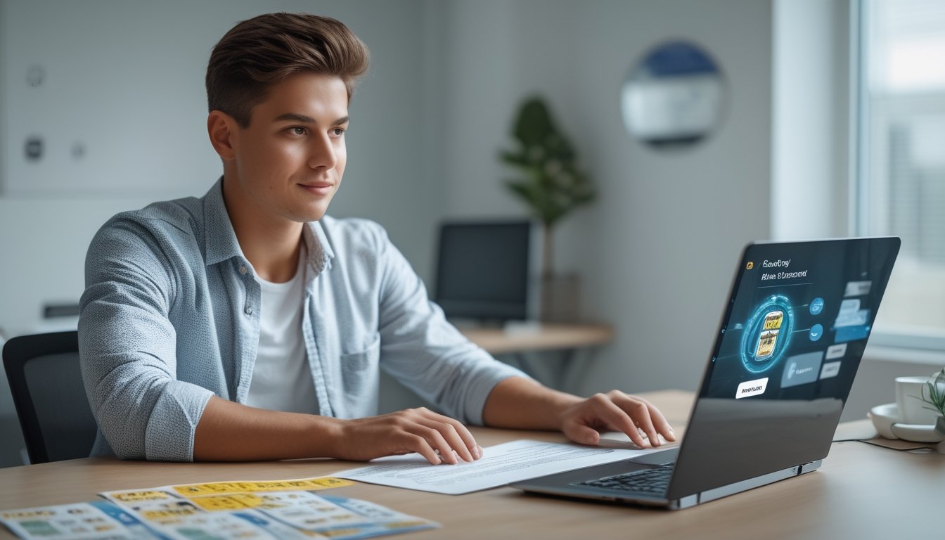 Seorang dewasa muda sedang menggunakan laptop di meja kerja modern dengan suasana terang dan rapi, fokus pada aktivitas klaim bonus di platform togel online.
