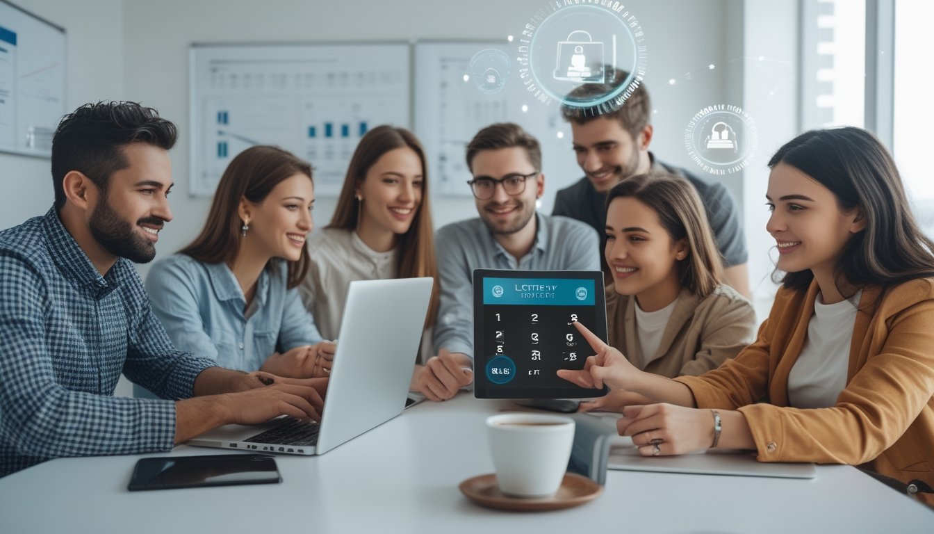 Sekelompok orang muda menggunakan laptop dan ponsel di kantor yang terang, terlihat fokus dan percaya diri saat mengakses platform togel online yang aman.