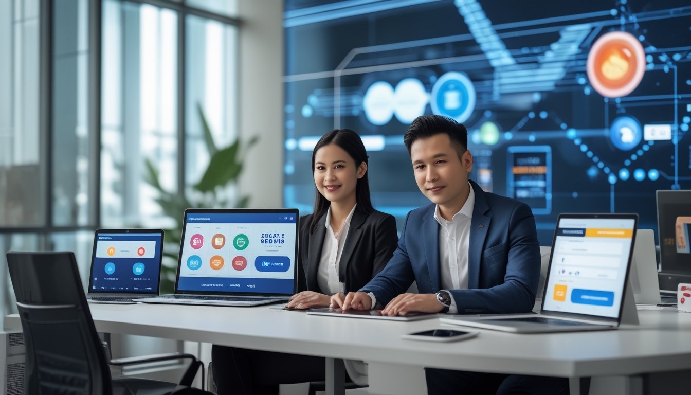 Dua orang Indonesia duduk di meja kantor modern dengan perangkat digital yang menampilkan layanan togel online dan pembayaran cepat.