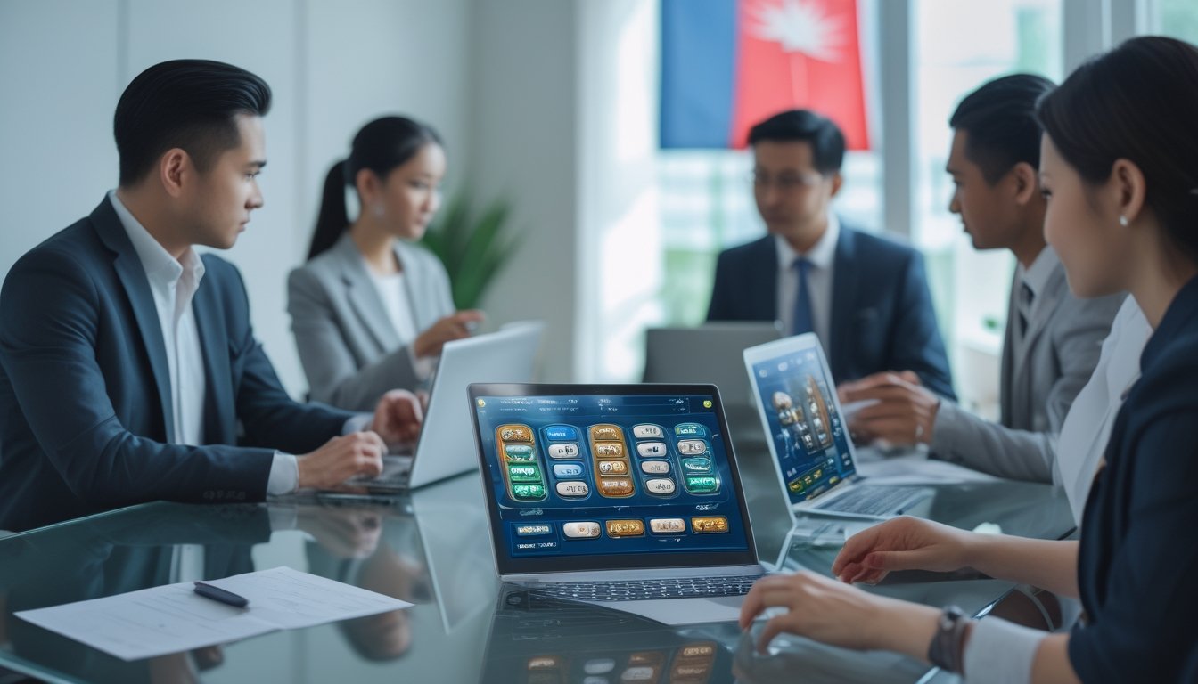 Sekelompok profesional sedang berdiskusi di kantor modern dengan perangkat digital yang menampilkan antarmuka lotere online, dengan dekorasi kecil yang menonjolkan suasana Indonesia.