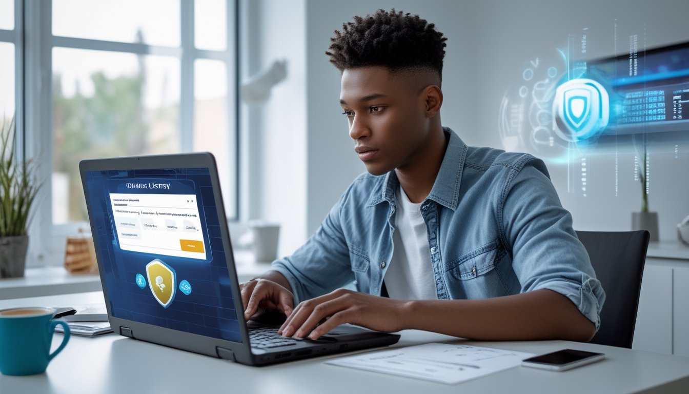 Seorang pemula duduk di meja kerja modern menggunakan laptop untuk memilih situs togel online terpercaya dengan suasana ruangan yang terang dan rapi.