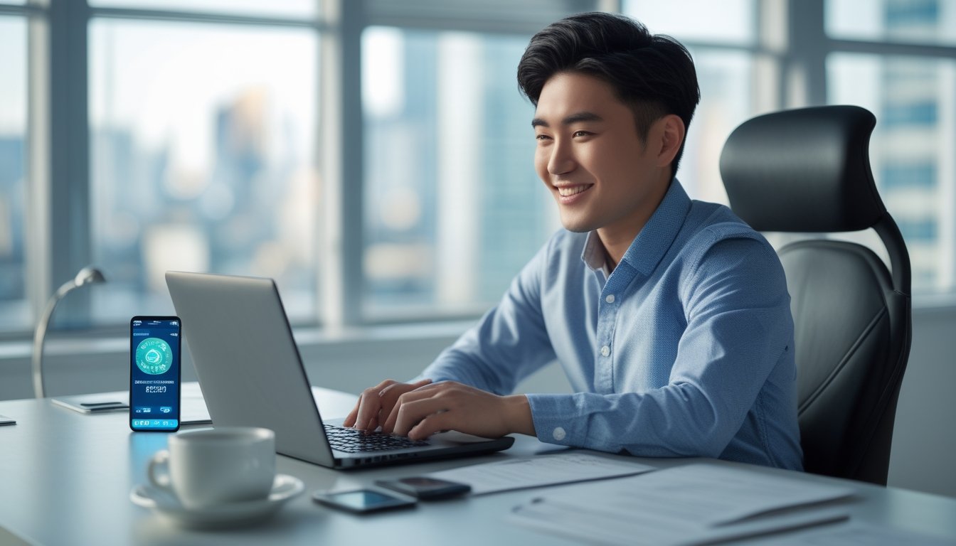 Seorang pria muda duduk di meja kantor modern menggunakan laptop dengan ekspresi fokus dan puas, dikelilingi oleh elemen teknologi dan dokumen, di latar belakang terlihat jendela besar dengan pemandangan kota.