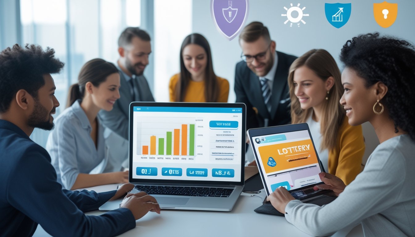 Sekelompok orang menggunakan perangkat digital untuk bermain lotere online yang aman dan terpercaya dengan suasana profesional.
