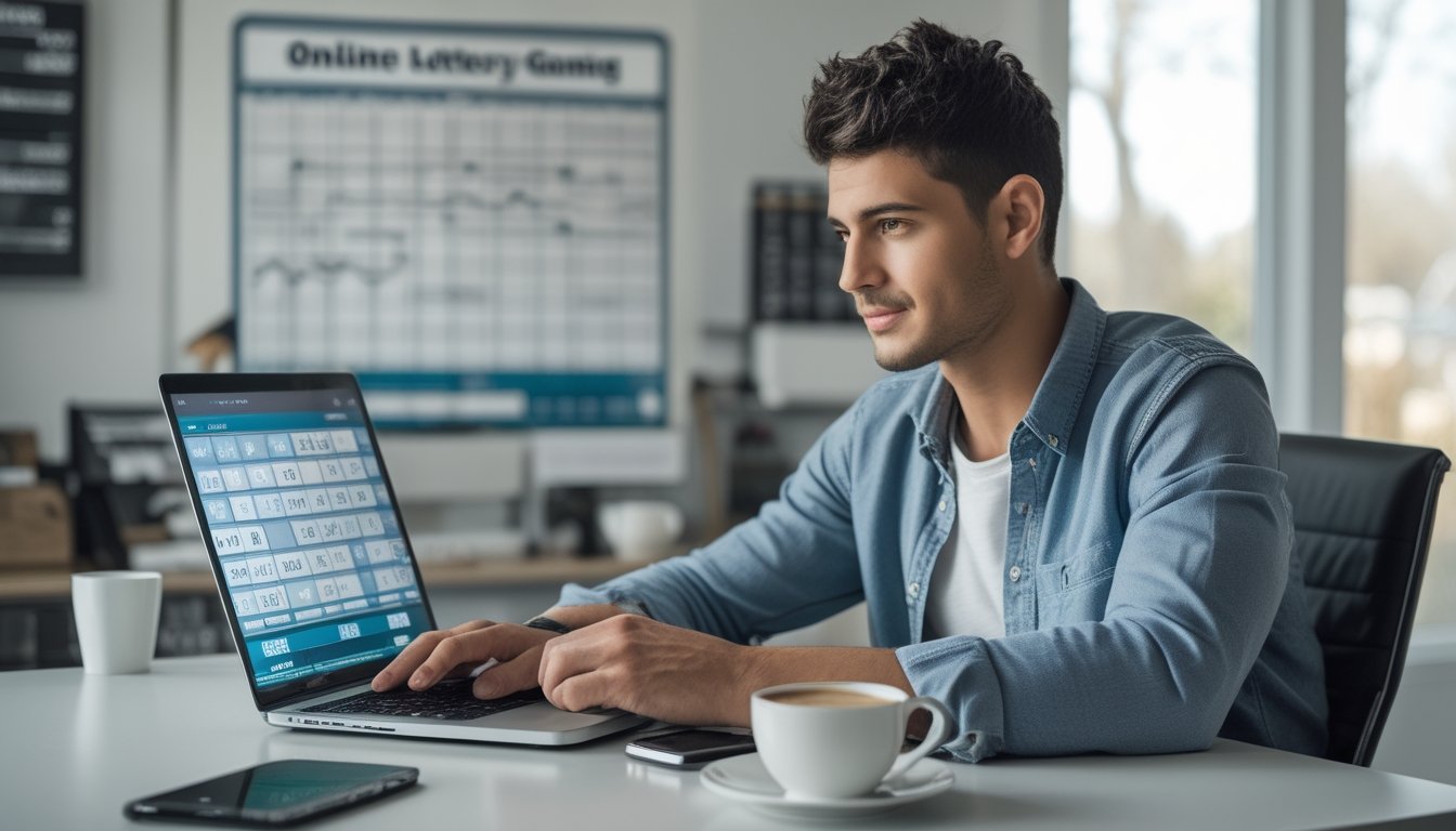 Seorang pria muda duduk di meja kerja di rumah dengan laptop, fokus pada layar yang menampilkan grafik dan angka terkait strategi togel online.