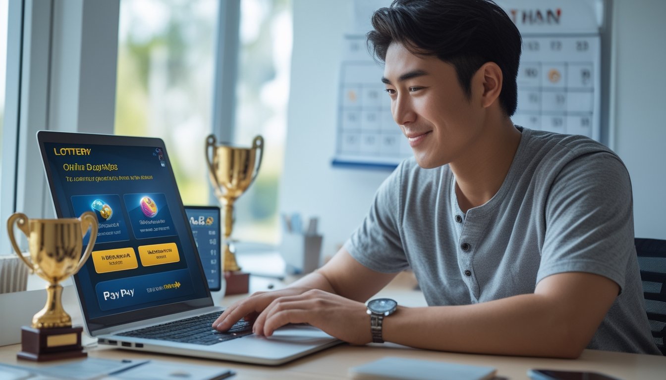 Seorang pria muda duduk di meja dengan laptop, fokus pada layar yang menampilkan situs togel online, di ruang kerja yang rapi dan terang.