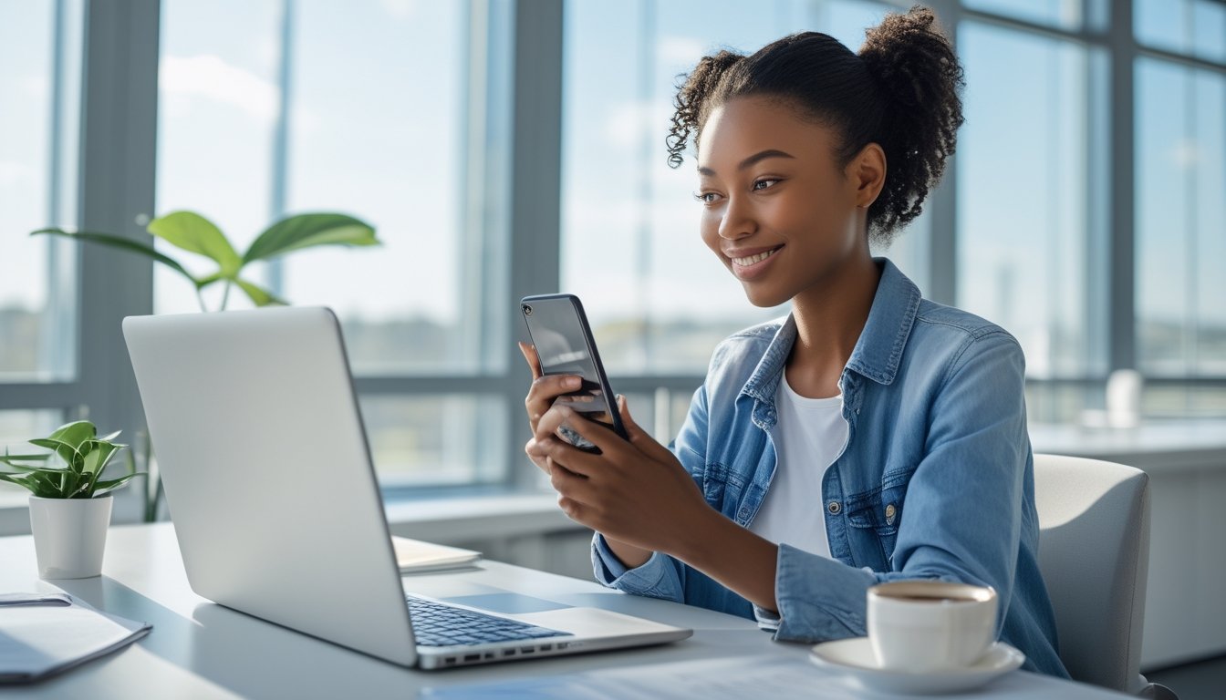 Seorang wanita muda duduk di meja kantor modern menggunakan laptop dan ponsel, terlihat fokus dan puas saat berinteraksi dengan perangkat.