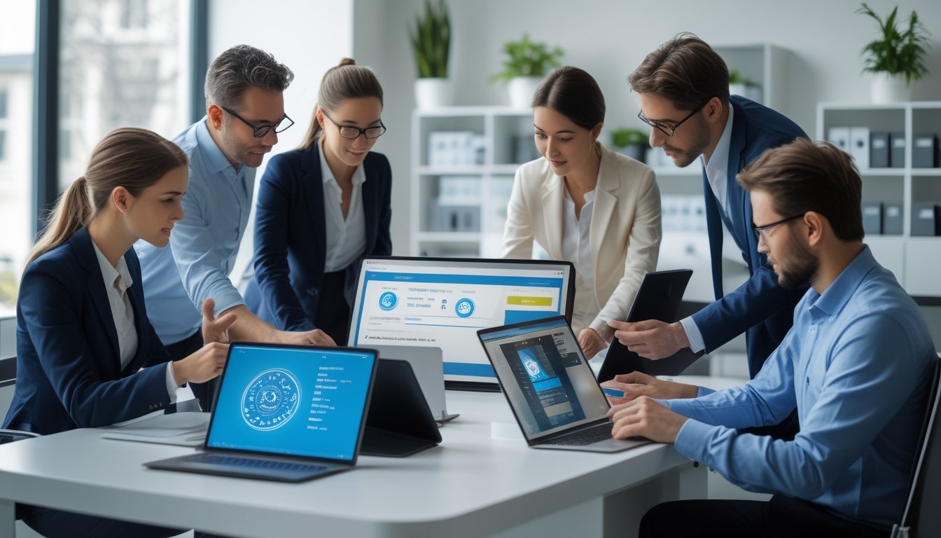 Sekelompok profesional sedang bekerja bersama di kantor modern dengan perangkat digital untuk memverifikasi pemenang dan akun.