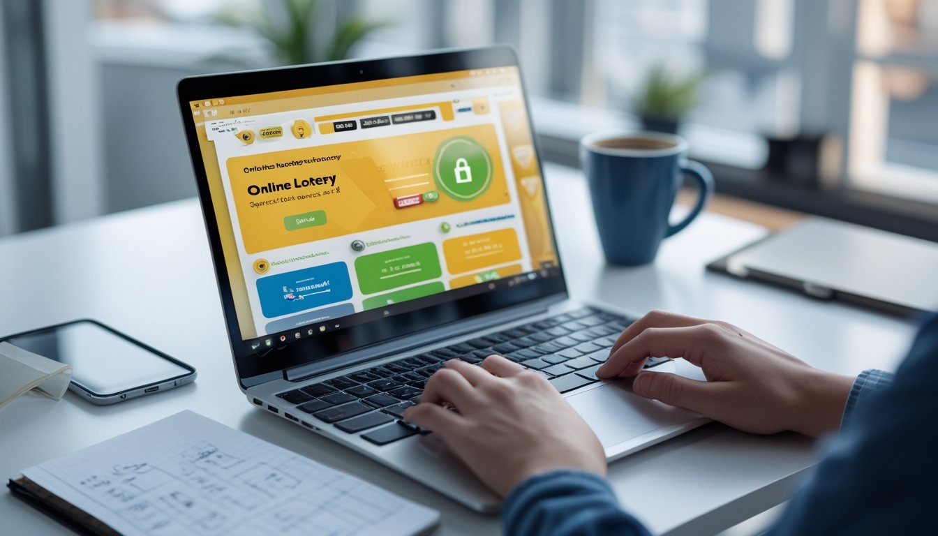 Seseorang menggunakan laptop di meja kerja dengan tampilan situs togel online yang aman dan cepat membayar, di sekitar ada ponsel, catatan, dan cangkir kopi.