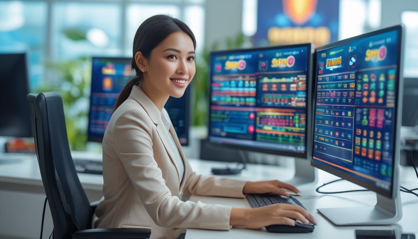 Seorang wanita bisnis duduk di depan beberapa layar komputer yang menampilkan permainan slot online di sebuah kantor modern.