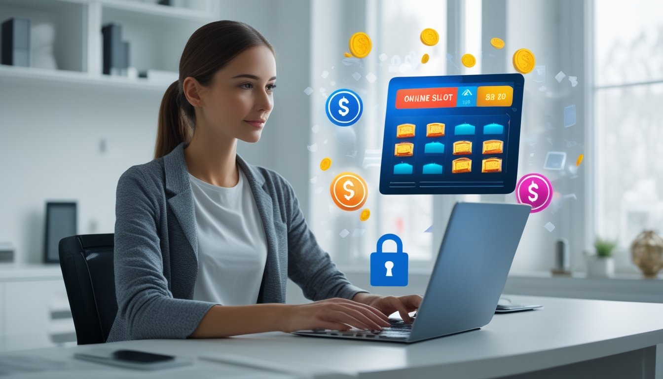 Seorang wanita muda duduk di meja dengan laptop, dikelilingi oleh grafik digital dan ikon keamanan yang melambangkan pemilihan bandar slot online yang aman dan menguntungkan.