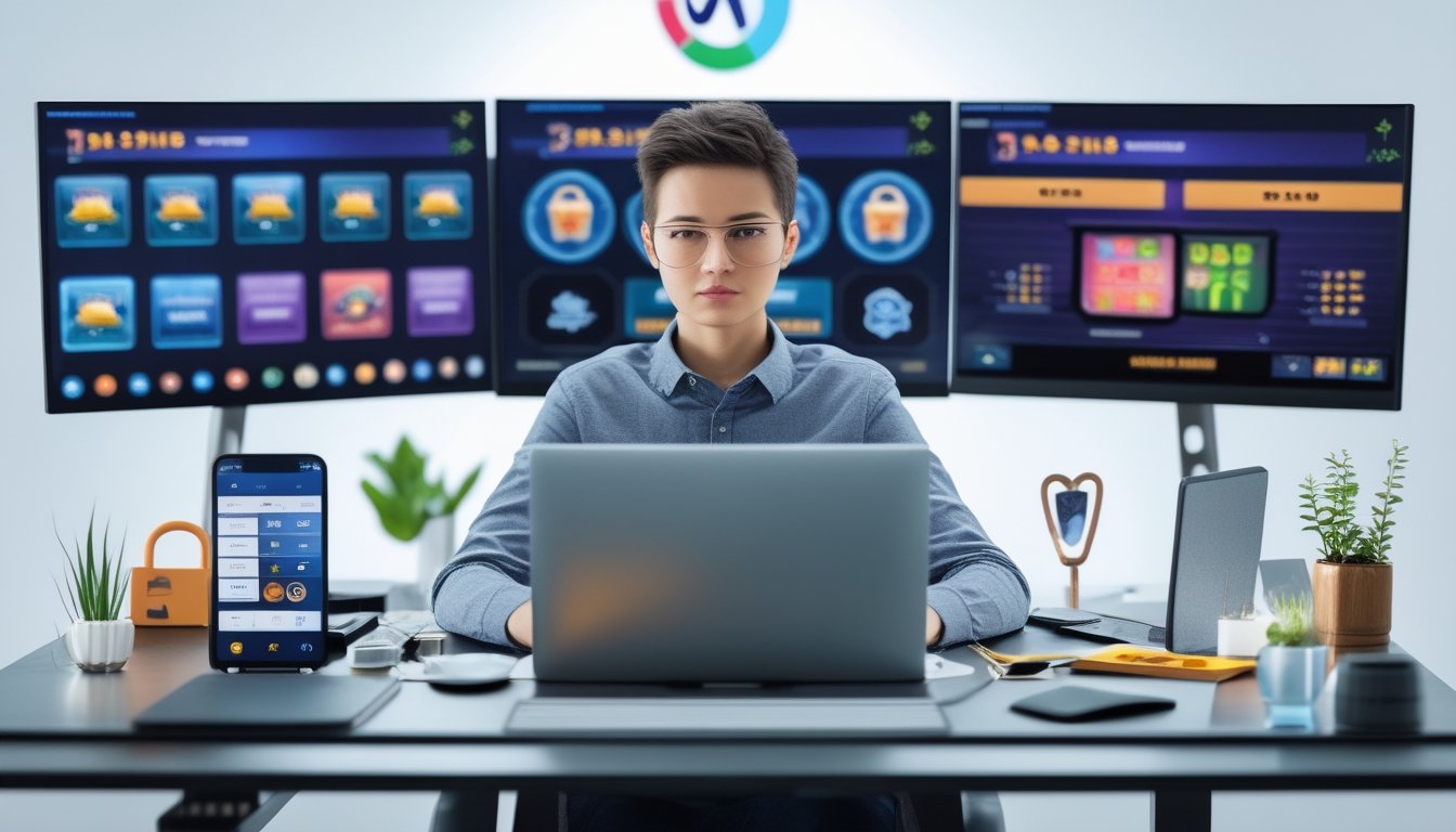 Seseorang duduk di meja dengan beberapa layar menampilkan permainan slot online dan ikon keamanan, terlihat fokus memilih situs slot online yang aman dan menguntungkan.