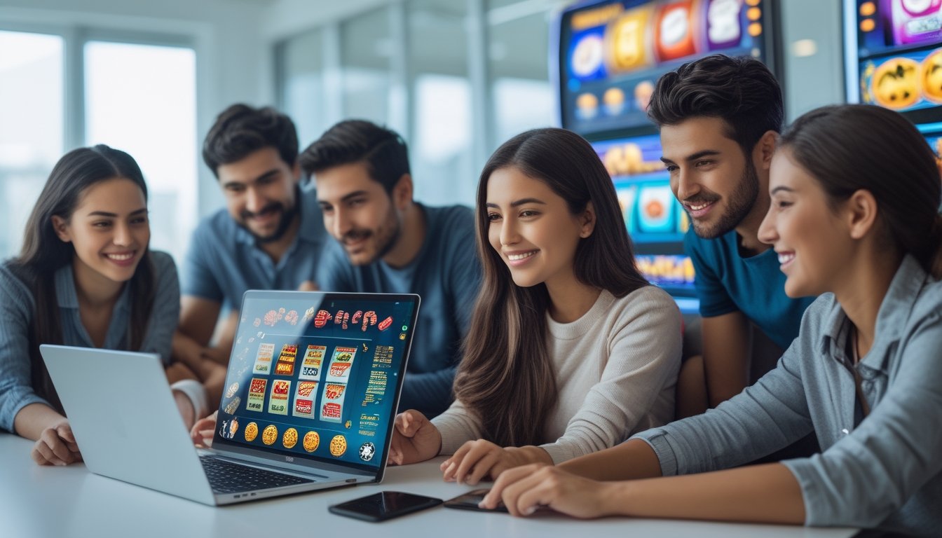 Sekelompok orang muda sedang menggunakan laptop dan ponsel untuk bermain permainan slot online di ruang kerja yang terang dan bersih.