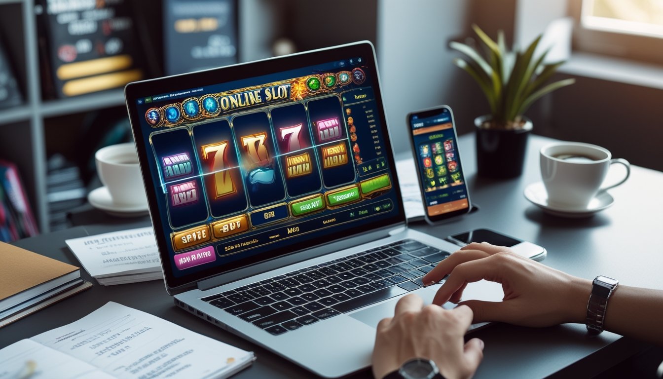 Seorang pengguna duduk di depan laptop dengan permainan slot online di layar, dikelilingi oleh catatan, ponsel, dan cangkir kopi di meja kerja yang rapi.