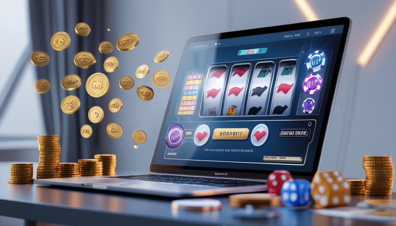 Seorang profesional menggunakan laptop di meja kerja dengan gambar mesin slot dan koin digital di sekitarnya.