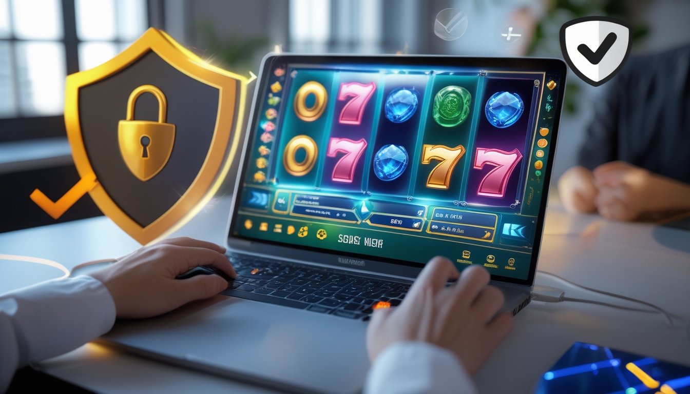 Seseorang menggunakan komputer dengan layar menampilkan permainan slot online yang berwarna-warni, dikelilingi ikon keamanan seperti perisai dan gembok, di meja kerja yang rapi dan terang.