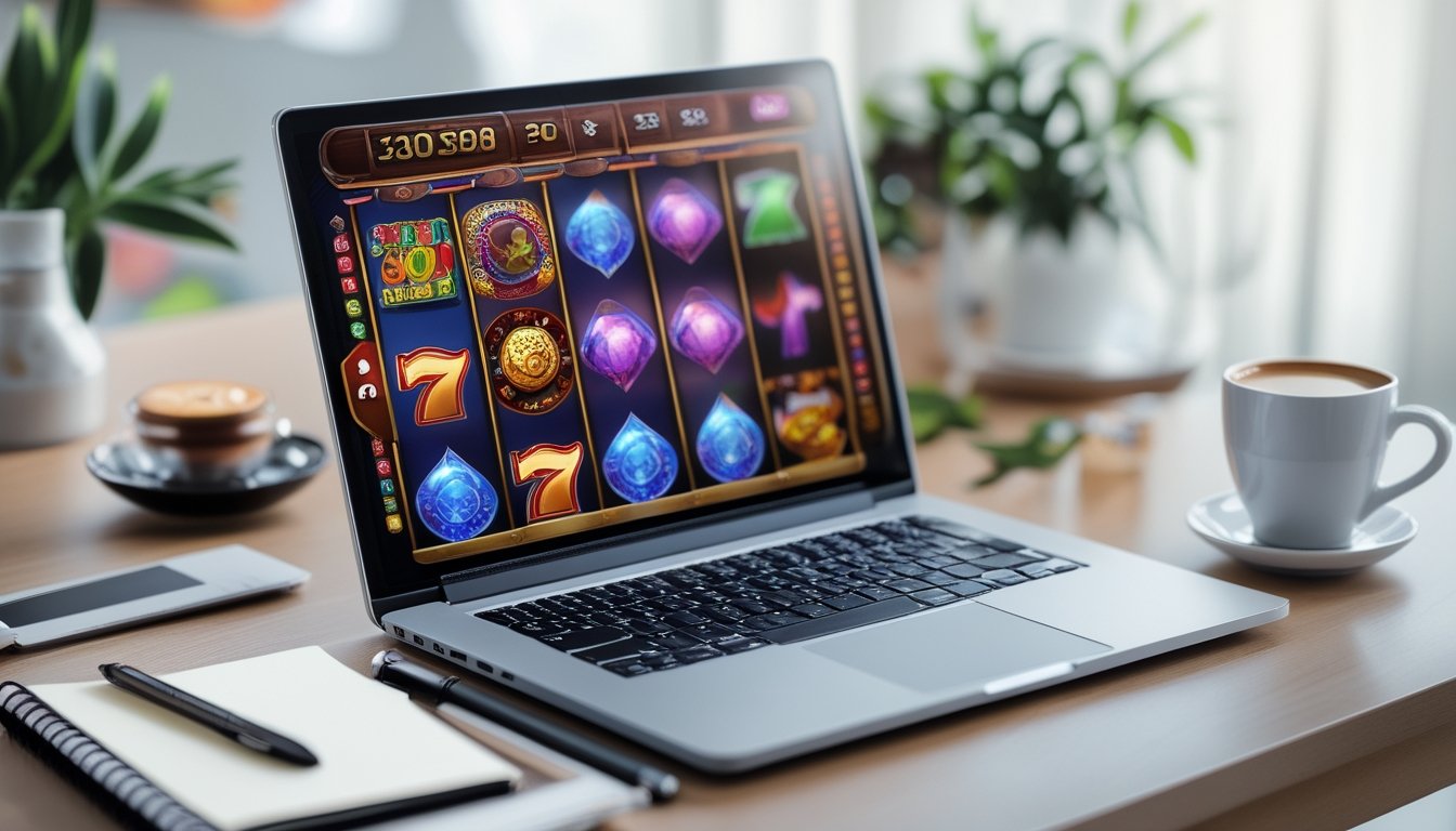 Meja kerja modern dengan laptop dan ponsel yang menampilkan permainan slot online, disertai cangkir kopi dan buku catatan.